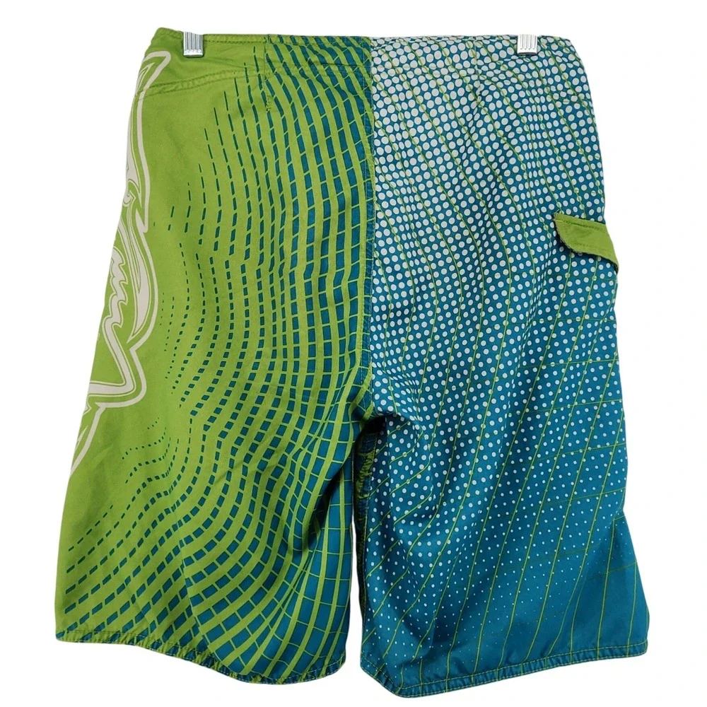 Fox 29 Green Blue Graphic Board Shorts Y2K Surf Skate Beach Swim Trunks Moto BMX